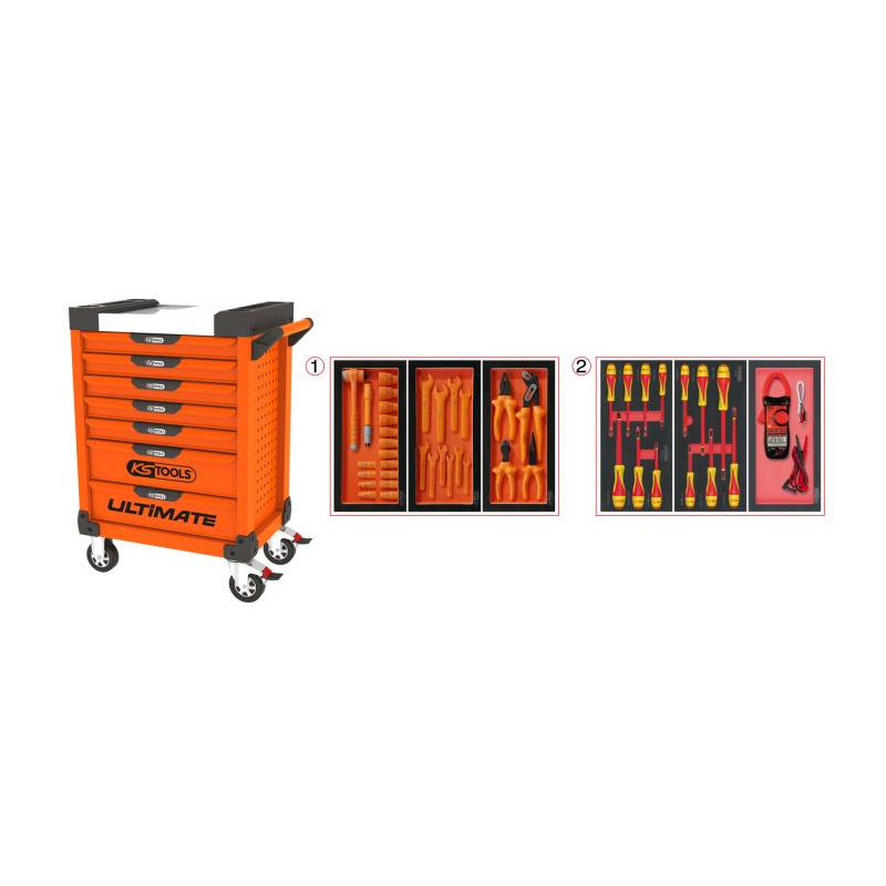 Servante ULTIMATE 7 tiroirs orange équipée de 45 outils isolés