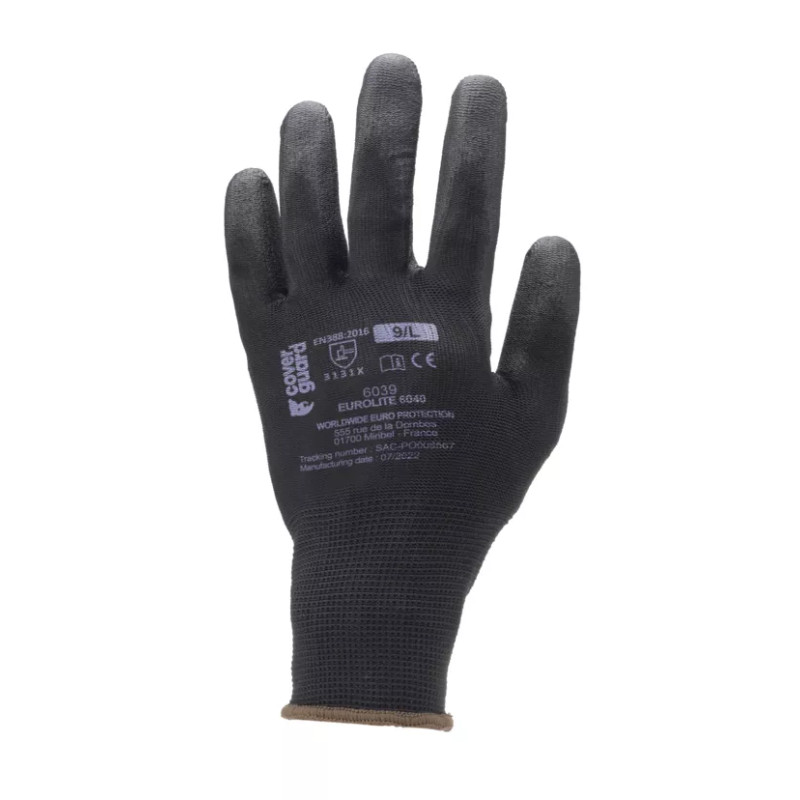 Gants polyamide noir, paume enduite PU noir T.9 (Ex 6139)