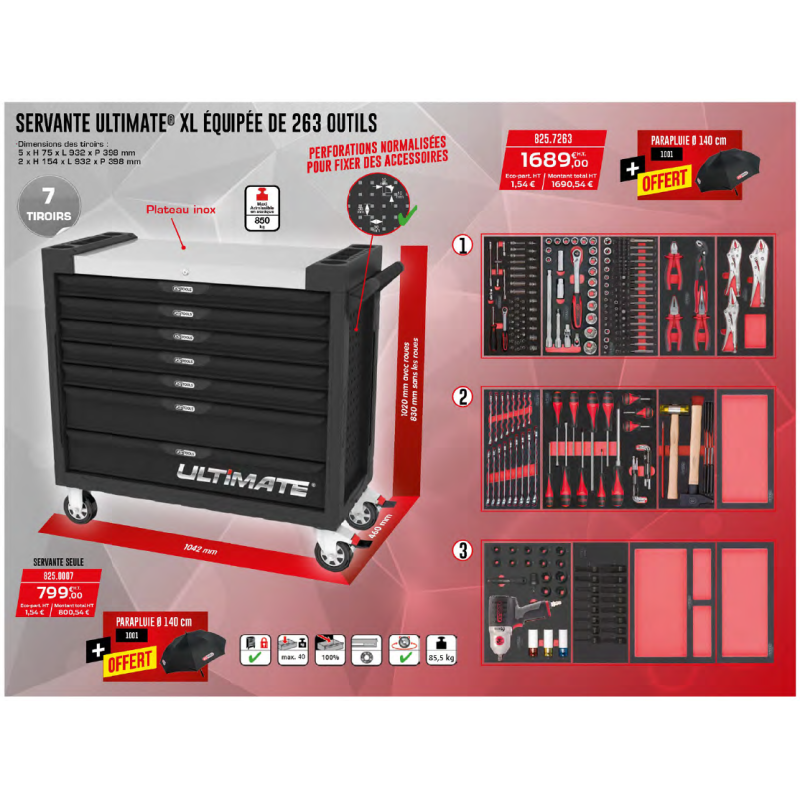 Servante ULTIMATE XL équipée de 263 outils