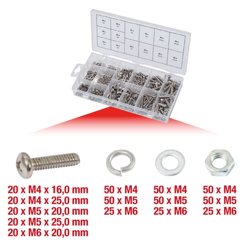 Assortiment de vis, rondelles et écrous en inox, 475 pcs